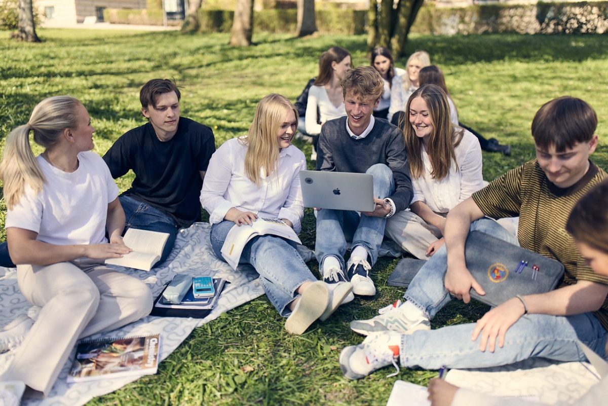 Elever har picknick utomhus i en park